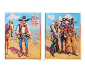 202
Larry Pirnie
b. 1940
"I've Got Ya Surrounded," 1987
Acrylic and mixed media on two canvases
Signed in the lower left corner of the left canvas: Pirnie; each canvas signed again, copyrighted, titled, dated, and inscribed, all verso
2 pieces
Each: 28" H x 22" W
Estimate: $1,000 - $2,000