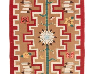 141
A Tabitha Bitah Navajo Pictorial Rug
Tabitha Bitah (b. 20th century, Diné)
Mid/late 20th century
Attributed to Tabitha Bitah, woven in red, green, tan, cream, and yellow wool with a central stepped diamond and sunflower motif surrounded by feather, flower, and butterfly elements centering a stepped border
56.5" H x 36" W
Estimate: $400 - $600