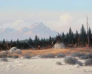 156
Gene Speck
b. 1937
"Wind River Country," 1993
Oil on panel
Signed and dated lower right: Gene Speck; titled verso
9" H x 12" W
Estimate: $1,500 - $2,500