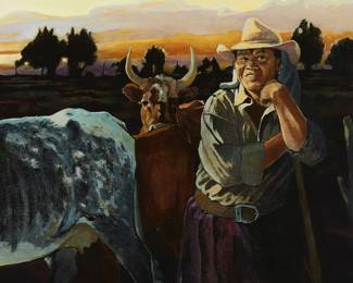 38
Robert Ritter
b. 1951
"Clarita"
Oil on canvas
Signed lower left: Ritter; titled on a label affixed to the upper portion of the frame, verso
60" H x 48" W
Estimate: $1,000 - $1,500