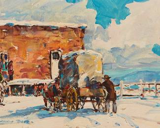 134
Marjorie Reed
1915-1996
"The Arrival Of The Freight Wagon At Pinon"
Oil on canvasboard
Signed lower left: Marjorie Reed; titled and inscribed, verso: Sketch for the Trading Post Series
8.75" H x 12" W
Estimate: $800 - $1,200