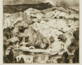 13
Gene Kloss
1903-1996
"The Rio Grande At Embudo," 1984
Etching and drypoint on wove paper
An artist's proof aside from the edition of 55
Signed, titled, and inscribed "Artist's Proof" in pencil at the lower margin: Gene Kloss
Plate: 7.5" H x 8.875" W; Sight: 8.25" H x 9.5" W
Estimate: $800 - $1,200