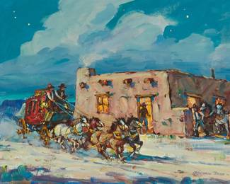 61
Marjorie Reed
1915-1996
"On Time At The Change Station"
Oil on canvasboard
Signed lower right: Marjorie Reed; signed again, titled, and inscribed in ink, verso: Sketch for Large Painting
11" H x 14" W
Estimate: $1,000 - $1,500