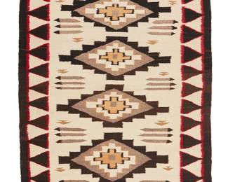 109
A Navajo Pictorial Rug
Mid-20th century, Diné
Woven in cream, dark brown, and tan wool with a central stacked diamond motif, floating feathers, and an elaborate border
39.5" H x 32.5" W
Estimate: $200 - $400