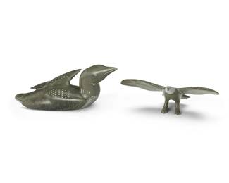295
Two Inuit Carved Stone Bird Figures
Two works:
Jimmy Iqaluq (b. 1947, Inuit; Belcher Islands/Sanikiluaq)
A carved stone loon figure, 2007
Incised signature in syllabics and English and with artist's disc number: E9-159 / Jimmy Iqaluq / Sanikiluaq / NU / © 07; with sticker to underside: canada / eskimo art esquimau / 95000315
The bird with sgraffito feather and other details
4.25" H x 10.75" W x 3.75" D
Josie Ohaituk (b. 1952, Inuit; Belcher Islands/Sanikiluaq)
A carved stone bald eagle figure, early 21st century
Signed and marked syllabically: Josie Ohaituk
The bird with sgraffito feather and facial details
3.125" H x 8.5" W x 3.75" D
2 pieces
Estimate: $300 - $500