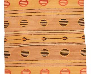 126
A Navajo Chinle Textile
Early 20th century, Diné
A banded blanket woven in ochre, tan, salmon, orange, brown, and grey wool with alternating bands of floating round elements
60" H x 37.5" W
Estimate: $600 - $800