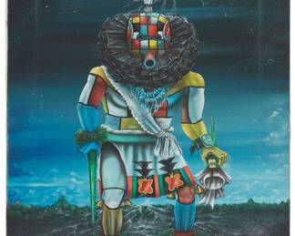 32
Randall Sahmie
1950-2008
Hopi Kachina Figure
Oil on canvas
Signed lower right: RSahmie; illegibly dated lower right
34" H x 15" W
Estimate: $800 - $1,200