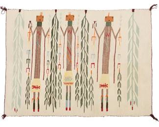 140
A Navajo Yei Textile
Mid-20th century, Diné
With three Yei dancers and alternating corn stalks, woven in multicolored wool
40.5" H x 52" W
Estimate: $400 - $600