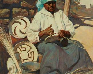 51
Ronald Crooks
1925-2006
"Basket Weaver"
Oil on Masonite
Signed lower left: R. Crooks; titled and inscribed with the inventory number and artist copyright, verso: #328
30" H x 24" W
Estimate: $600 - $800
