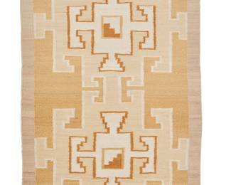 123
A Navajo Regional Rug
Late 20th century, Diné
Woven in natural yellow, ochre, and tan colors with conjoined hooked crosses to center
59.5" H x 30.75" W
Estimate: $400 - $600