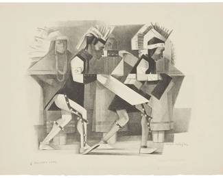 218
Mary Louise Finley Fry
1908-1964
Native Dancers, Circa 1950
Lithograph on wove paper
A printer's proof aside from the edition of unknown but presumably small size
Signed in pencil in the lower margin, at right: Mary L. Finley Fry; inscribed "Printer's Copy" and with the printer's device, all in pencil in the lower margin, at left; Lynton Richards Kistler, Los Angeles, CA, prntr.
Image: 9.75" H x 12.75" W; Sheet: 12.5" H x 17.75" W
Estimate: $300 - $500