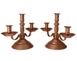 72
A Pair Of Copper Candlesticks
Early/mid-20th century
Each unmarked
Hammered copper three-light candlesticks, 2 pieces
Each: 9.75" H x 13.25" W x 6.325" D
Estimate: $300 - $500