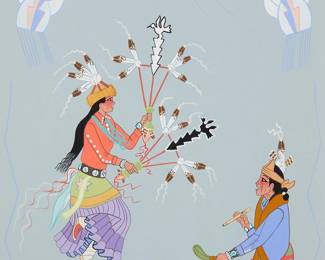 1
Harrison (Haskay Yahne Yah) Begay
1917-2012, Navajo/Diné
Native American Ceremony
Gouache on light blue paper
Signed near the lower edge in English and Navajo: Harrison Begay / Haskay Yahne Yah
Sight: 19.75" H x 15.75" W
Estimate: $600 - $800