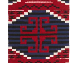 118
A Susie Begay Navajo Regional Textile
Susie Begay (b. 20th century, Diné)
Late 20th century
Attached tag with artist attribution from: Crownpoint Rug Weavers Association
A moki-style weaving in red, blue, black and white wool
36" H x 21.75" W
Estimate: $200 - $400