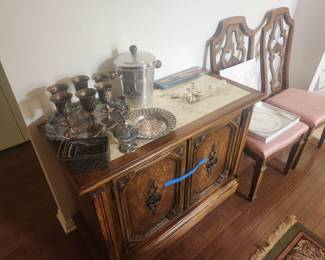 Silver Plated Items, Hutch, Dining Set Chairs