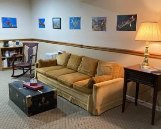 Super Cool Mid-Century Modern Velvet Couch! Antique Rocker, Vintage Military Trunk .