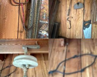 Hay bail Iron Hand Hook, Ice Pics, Pulley's, Antique Cast Iron COW POKE Spiked Neck Yoke Collar / Fence Guard Farm Dairy, Antique Hand Auger Drill