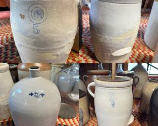 Top: Antique Louisville Pottery Indian Head #5 Butter Churn, Bottom right, Antique Louisville Pottery indian Head #4 Butter , Bottom Left: Early 20th Century Stoneware Crock No. 5 Moonshine/Whiskey Jug