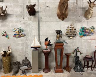 Selection of Carved Art Pedestals Stands, Bronzes, Bone Handle Canes, Haitian Metal Art, Taxidermy Animals