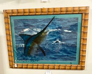 Carved Glass Blue Marlin over Sportsman Photo chasing Tuna