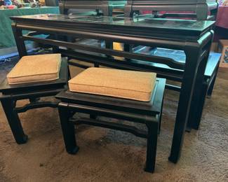 Asian inspired SET
1 couch table
2 end tables
1 coffee table
2 stools