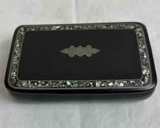 Vintage Wood Snuff Box Inlaid Sterling Silver & Abalone Shell