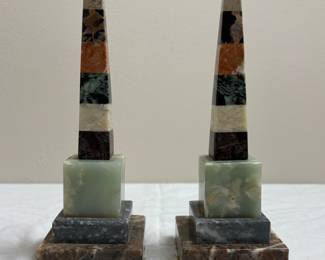 Vintage Pair Pyramid Carved Marble Obelisks