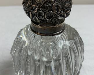 Antique Cut Crystal & Sterling Silver Repousse Inkwell