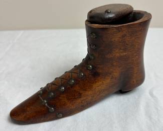 Large Antique Victorian Wood Carved Boot Shoe Snuff Box