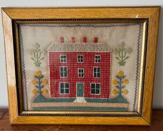 Antique Framed English Farmhouse Needlepoint Embroidery