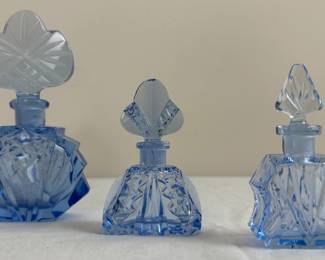 3 Antique Art Deco Blue Czech Glass Perfume Bottles