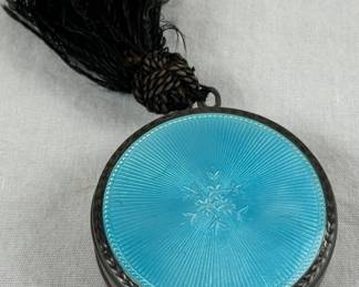 Antique Sterling Silver & Enamel Guilloche Powder Mirror Compact Pendant