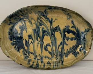 Antique Blue Spongeware Pottery Serving Dish Tray