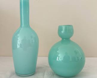 2 Vintage Signed Mid Century Modern Opaline Art Glass Vases