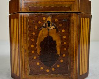Antique English Wood Single Tea Box Inlay Marquetry