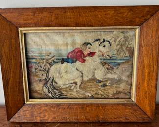 Antique Framed English Horse & Rider Needlepoint Embroidery