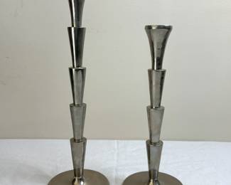 Vintage Pair Silver Metal Mid Century Modern Candlesticks