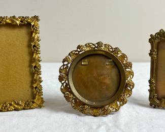 3 Antique Gold Gilt Brass Floral Mini Photo Frames