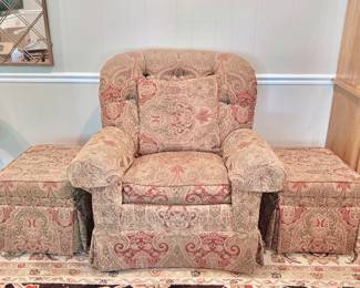 JETTON FURNITURE SKIRTED ARM CHAIR AND TWO OTTOMANS - BILTMORE PATTERN FABRIC