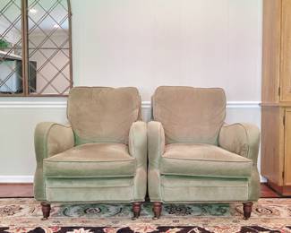 PAIR OF 2 GREEN VELVET ARM CHAIRS - CURVED ENGLISH ARMS - WHEELED FRONT FEET - NAILHEAD BUTTONS