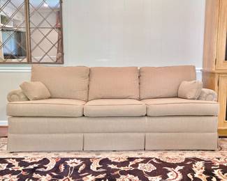 COUNTRY CHAIR INC. GRAY/GREEN 7FT SOFA - MATCHING PILLOWS - ROLL ARM - SKIRTED