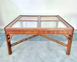 CHIPPENDALE STYLE MAPLE CHINOISERIE COFFEE TABLE - CARVED DETAILS - FOUR GLASS PANELS - SQUARE