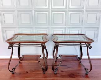 PAIR OF 2 WROUGHT IRON & WOOD GLASS TOP END TABLES - CURVED LEGS - 2 TIER - CURVED RECTANGLE