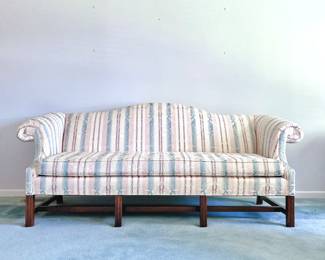 VINTAGE 6ft CHIPPENDALE STYLE CAMELBACK PASTEL STRIPED FLORAL SOFA