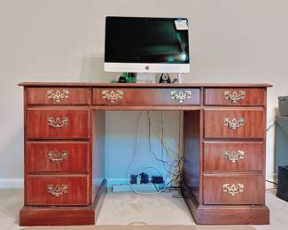 NATIONAL MT. AIRY MID-CENTURY KNEE-HOLE EXECUTIVE DESK - BRASS PULLS - PAINTED LEATHER LOOK TOP