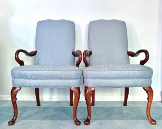 PAIR OF VINTAGE LOUIS XIV ARM CHAIRS - MAHOGANY - BLUE UPHOLSTERY WOODGRAIN PATTERN