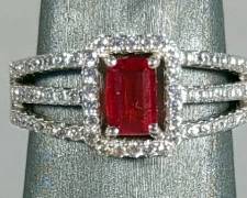 Mt St Helens Helenite Ruby Red Emerald-Cut w/ 60 CZ Sterling Silver Ring - Size 7