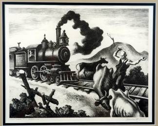 Thomas Hart Benton (American, 1889-1975) 'Slow Train Through Arkansas' Lithograph, Pencil Signed Lower Right, Framed Double Matted, Under Glass - 20.75" x 24.75"