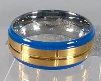 Tungsten Ring Rose Gold IP Plated Brushed Grooved Center Beveled Edge with Blue Hue/Bluish Trims on both sides – 8mm - Size 10