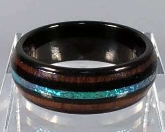 Black Tungsten Ring With Blue Opal And Koa Wood Inlay - 8MM - Size 10